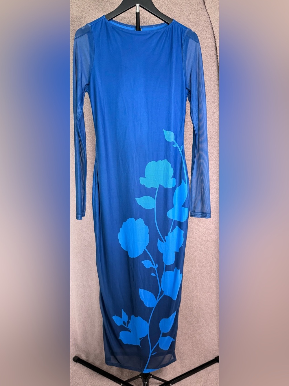 PRETTYGARDEN Small Blue Floral Mesh Maxi Dress Long Sleeve Bodycon